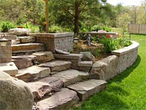 Terraced retaining walls with landscaping and natural boulder steps